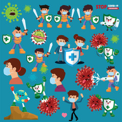 Vector cartoon hero character fighting with virus. COVID-19 Novel Coronavirus illustation.