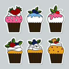 Set of vector cupcake stickers isolated on gray background. Food design elements for the menu, bakery logo, web, postcards, stickers.