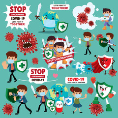 Vector cartoon hero character fighting with virus. COVID-19 Novel Coronavirus illustation.
