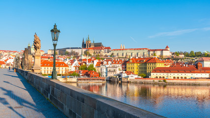 Fototapeta premium Prague Castle view from Charles Bridge on sunny spring morning, Praha, Czech Republic