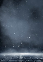 Dark street, wet asphalt, reflections of rays in the water. Abstract dark blue background, smoke,...