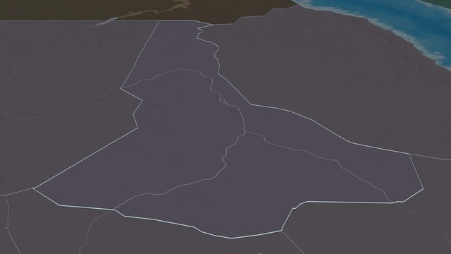 River Nile, state with its capital, zoomed and extruded on the administrative map of Sudan in the conformal Stereographic projection. Animation 3D