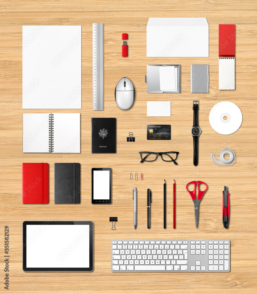 Wall mural Office supplies mockup template, wooden background