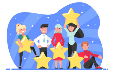 Star, rating, top, estimation, certification concept. Young people women men boys girls hold ranking stars together. Consumer feedback customer evaluation and satisfaction level with positive voting.
