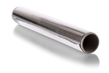 A Silver aluminium foil roll isolated on the white background. The foil is extremely pliable and can be bent or wrapped around objects with ease.