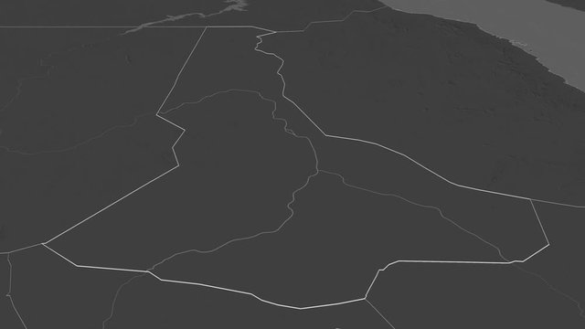 River Nile, state with its capital, zoomed and extruded on the bilevel map of Sudan in the conformal Stereographic projection. Animation 3D