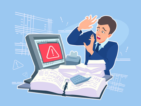 A man scared of a computer virus, error notification. An office clerk in panic. Vector cartoon illustration on a colored background.