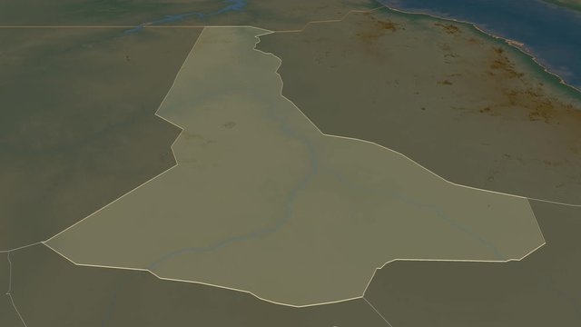 River Nile, state with its capital, zoomed and extruded on the relief map of Sudan in the conformal Stereographic projection. Animation 3D