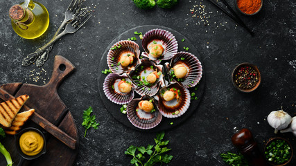 Baked scallops in seashells with garlic and spices on a black stone plate. Seafood. Top view. Free space for text.