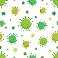 Seamless pattern with green round coronovirus COVID-19 with spikes. Isolated vector illustration on white background.
