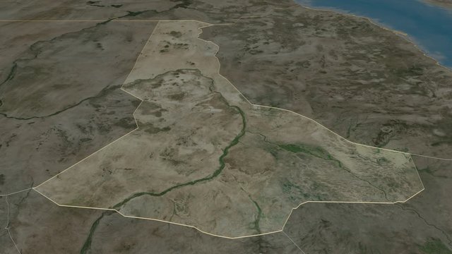 River Nile, state with its capital, zoomed and extruded on the satellite map of Sudan in the conformal Stereographic projection. Animation 3D