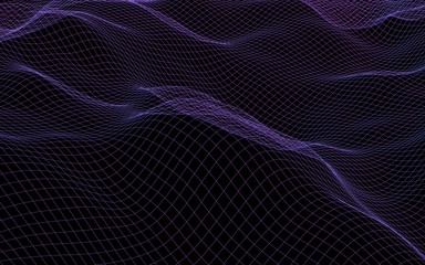 Naklejka premium Streszczenie krajobraz na ciemnym tle. Granatowa siatka cyberprzestrzeni. sieć hi tech. Ilustracja 3D
