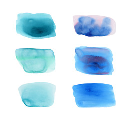 Set of different watercolor shapes, splashes. Mix of blue, turquoise, aquamarine, green colors. Unique texture, template for design, substrate for text. Isolated.	