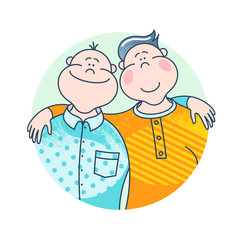 Homosexual lgbt non-traditional family. Happy couple of men on white background. Equality in rights illustration. Attractive cartoon characters. 