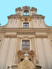Close detail of old historical church with windows and ornaments in historical centre of Krakow. Poland.