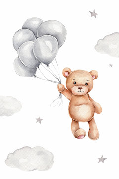 Naklejki Watercolor teddy bear and grey balloons  hand draw illustration  can be used for kid poster or card  with white isolated background