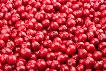Frozen fresh sour cherries, pitted. Food background. Top view.