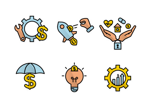 Financial services icons set. Icons insurance, venture capital, asset management. Icons gear with a mechanical key and a dollar sign, palm with a lock, a house, a heart, a tablet and a coin
