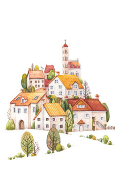 Illustrazione ad acquerello, piccolo e bel paesino europeo sulla collina. Gruppo di case con tetti di tegole rosse, arancioni e gialle, chiesa, stradine e alberi autunnali