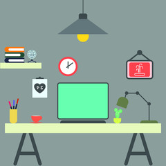 
Vector illustration.
Office room, work desk.
