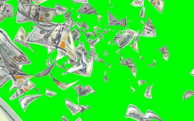 Flying dollars banknotes isolated on chromakey. Money is flying in the air. 100 US banknotes new sample. 3D illustration