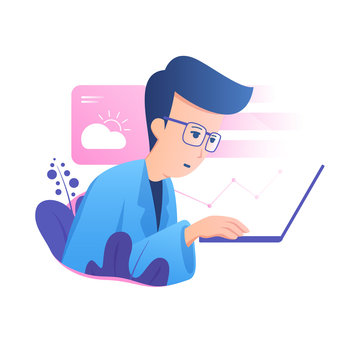 Happy man with glasses work from home in front of a laptop screen looking for weather forecasts