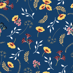 Vector seamless  pattern with  leaves and  flowers on blue background.  Floral illustration for textile, print, wallpapers, wrapping.