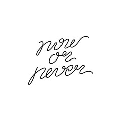 Now or never lettering calligraphy text, continuous line drawing, handwritten lettering, posters, print, single line on a white background, isolated vector line art.