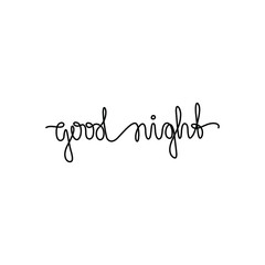 Good night lettering calligraphy text, continuous line drawing, handwritten lettering, posters, print, single line on a white background, isolated vector line art.