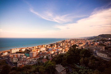 Fototapeta premium aerial view of the city of Grottammare, a beautiful medieval village bathed by the Adriatic sea near San Benedetto del Tronto