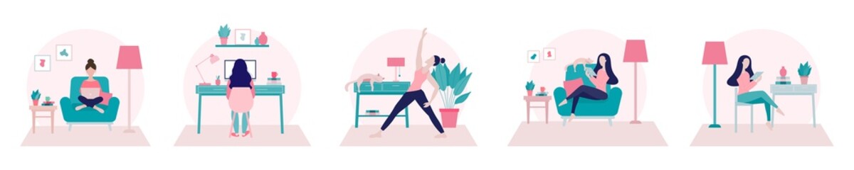 Stay home concept.Girl doing yoga,working from at home office and surfing on internet using tablet.Self isolation, quarantine due to Coronavirus. Set of flat vector illustration of home activities.