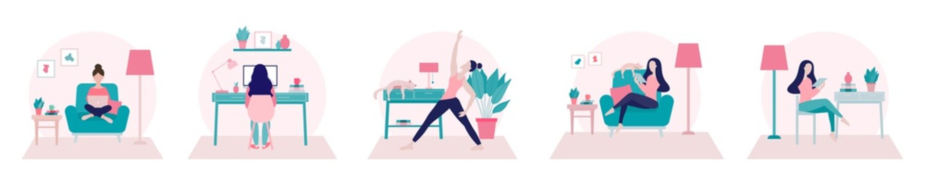 Stay home concept.Girl doing yoga,working from at home office and surfing on internet using tablet.Self isolation, quarantine due to Coronavirus. Set of flat vector illustration of home activities.