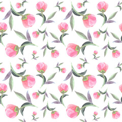 Watercolor realistic peonies seamless pattern. Hand painted, ornament isolated on white background. Floral illustration for design, wallpaper, textile, fabric, print, wedding design, packaging.