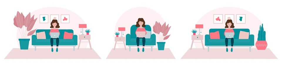 Stay home concept.Set of girl sitting on a sofa and working from home flat vector illustrations.Self isolation, quarantine due to Coronavirus. Freelance or studying concept.