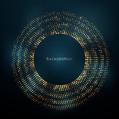 Shiny and bright golden dots in a circle on a dark background. Vector illustration.