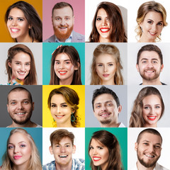 collage of happy smiling faces of people. Happy men and women expressing different positive...