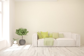 White living room with sofa. Scandinavian interior design. 3D illustration