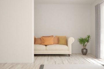 White living room with sofa. Scandinavian interior design. 3D illustration