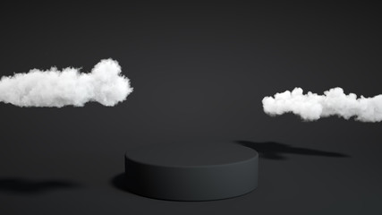Black podium with cloud on dark background. Product display stand. Insert your product. 3d...