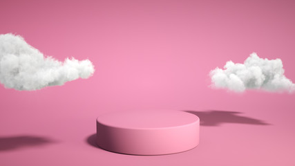 Pink podium with cloud on pink background. Product display stand. Insert your product. 3d rendering.