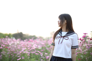 Portrait of Japanese school girl uniform with pink cosmos flower