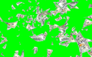 Flying dollars banknotes isolated on chromakey. Money is flying in the air. 100 US banknotes new sample. 3D illustration