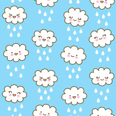 Seamless pattern with cute little clouds with raindrops - kawaii sky background for kids textile design