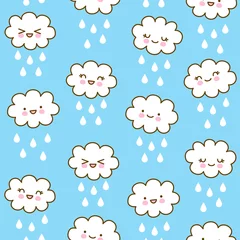 Foto op Canvas Seamless pattern with cute little clouds with raindrops - kawaii sky background for kids textile design © evgeniya_m