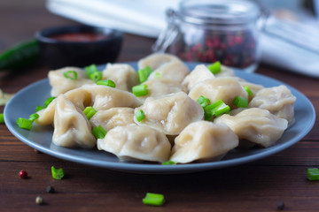 dumplings on a plate, decorated with green onions