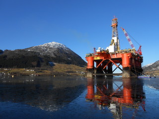 Semi-submersible oil rig in Norwegian Fjord