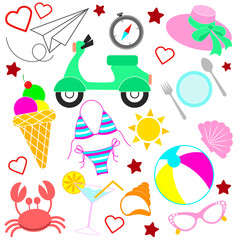 Silhouettes of Bright, colored linear icons of travel, resort and vacation isolated on white background.