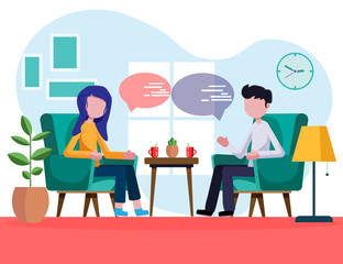 Man and woman are sitting in armchairs and talking. Characters flat, cartoon, vector illustration. The guy and the girl are talking at home. At breakfast, young people discuss