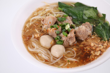 Local Thai food , Noodle with meat ball and pork isolated in white background