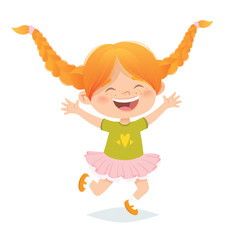 Vector european red hair girl with braids jumping and laughing. Cartoon character design, isolated on white background.